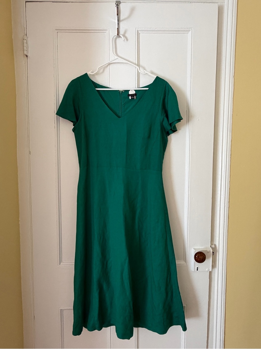 Ann Taylor Emerald Green Linen V-Neck Midi Dress
